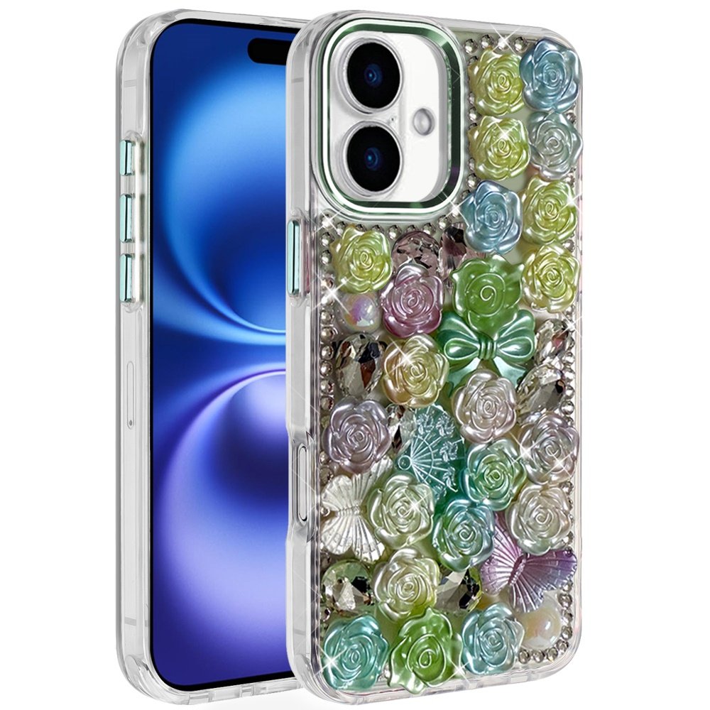 for iphone 17 muti color floral bling stones ornaments case green