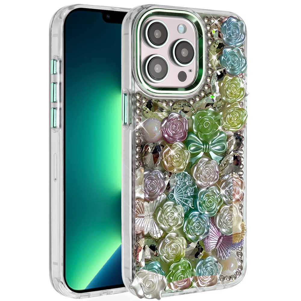 for iphone 13 pro max muti color floral bling stones ornaments case green