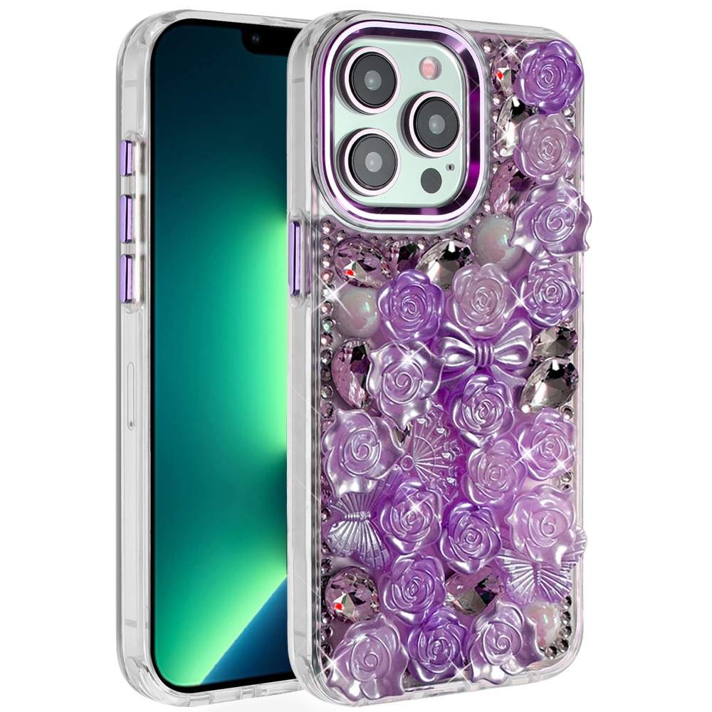 for iphone 13 pro max muti color floral bling stones ornaments case purple