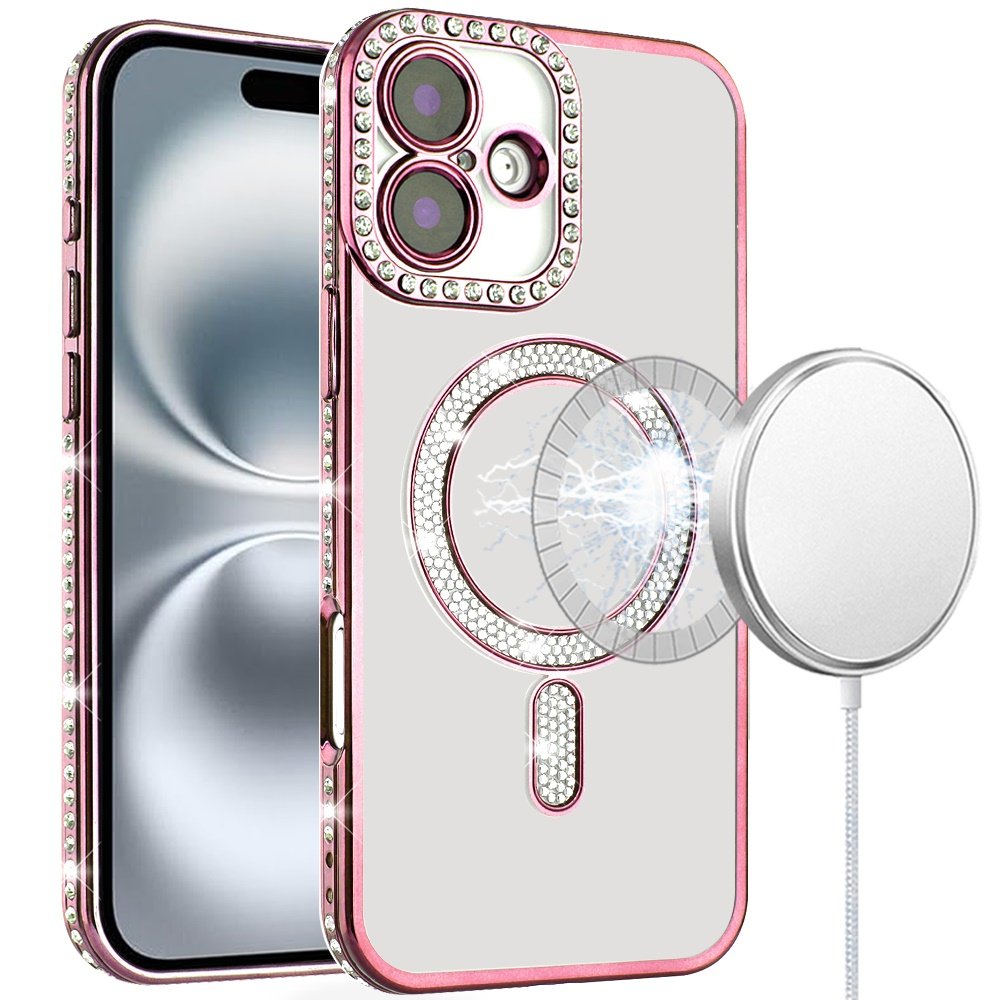 for iphone 16 6.1 inch diamond magnetic circle thick tpu with camera protection rose gold