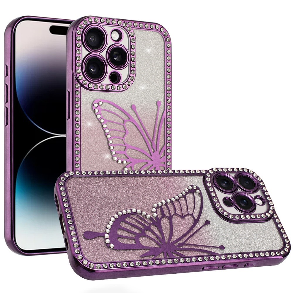 for iphone 14 pro max 6.7" electroplated butterfly with diamonds glitter shimmer hybrid case purple