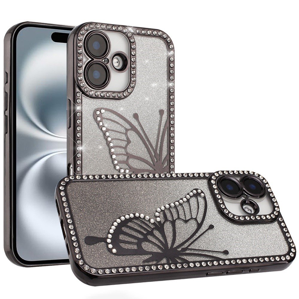 for iphone 16 6.1 inch electroplated butterfly with diamonds glitter shimmer hybrid case black