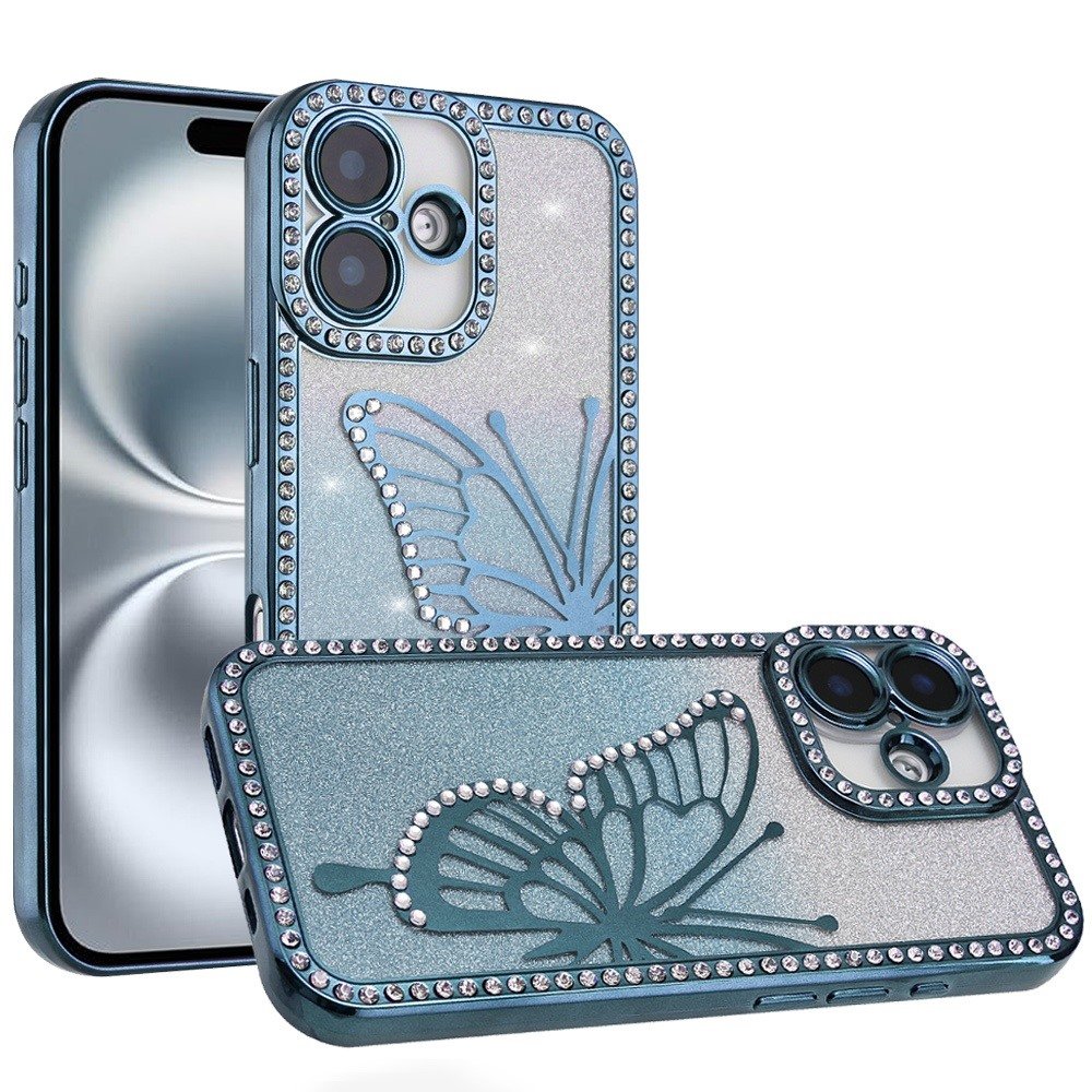 for iphone 16 6.1 inch electroplated butterfly with diamonds glitter shimmer hybrid case blue