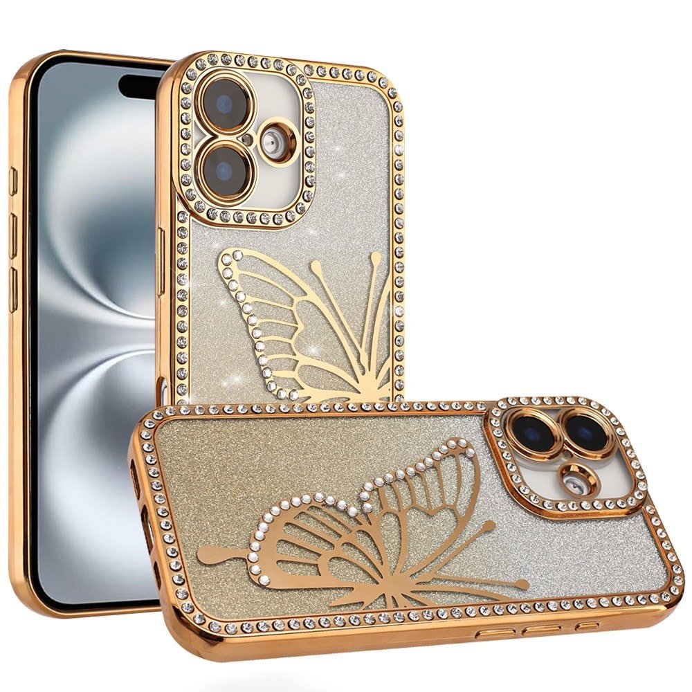 for iphone 16 6.1 inch electroplated butterfly with diamonds glitter shimmer hybrid case gold