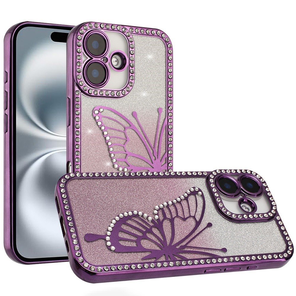 for iphone 16 6.1 inch electroplated butterfly with diamonds glitter shimmer hybrid case purple