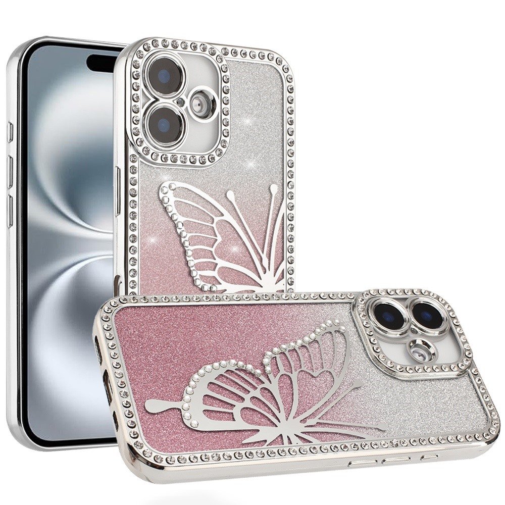 for iphone 16 6.1 inch electroplated butterfly with diamonds glitter shimmer hybrid case silver