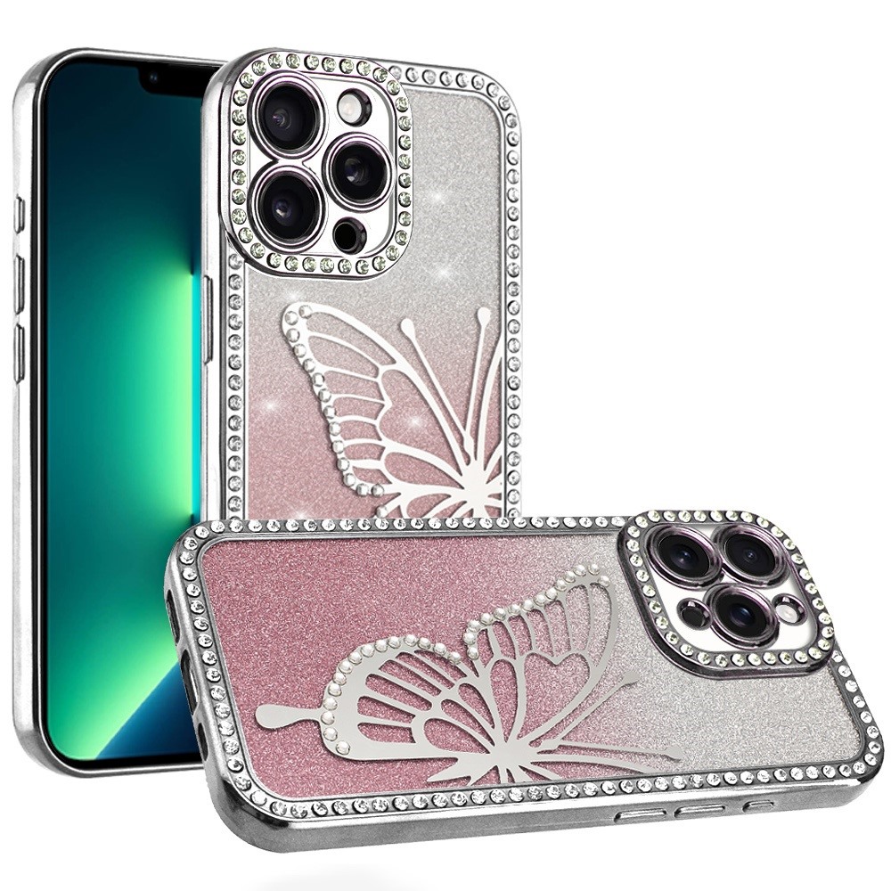 for iphone 13 pro max electroplated butterfly with diamonds glitter shimmer hybrid case silver
