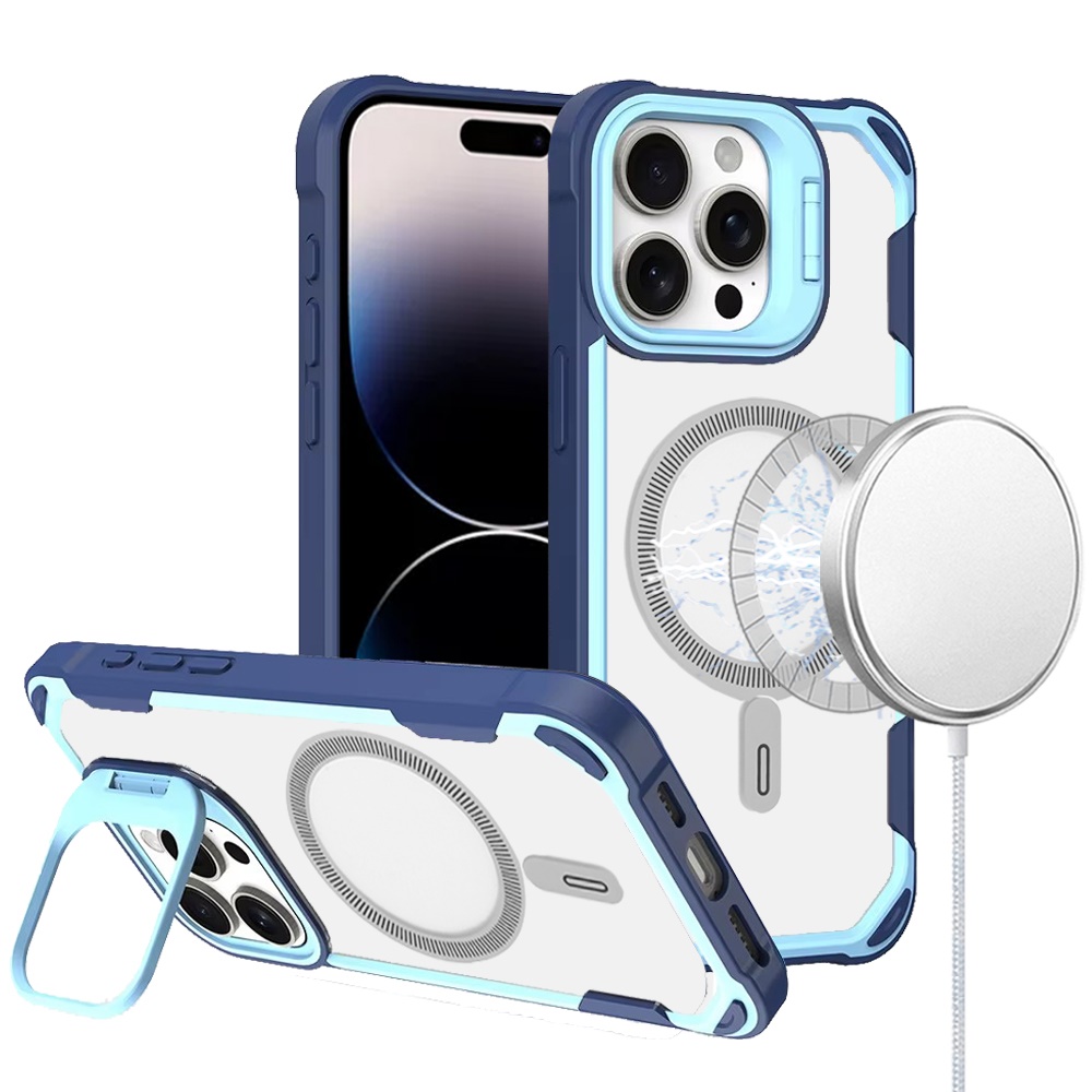 for iphone 14 pro max 6.7" fun magnetic circle premium hybrid with camera stand light blue