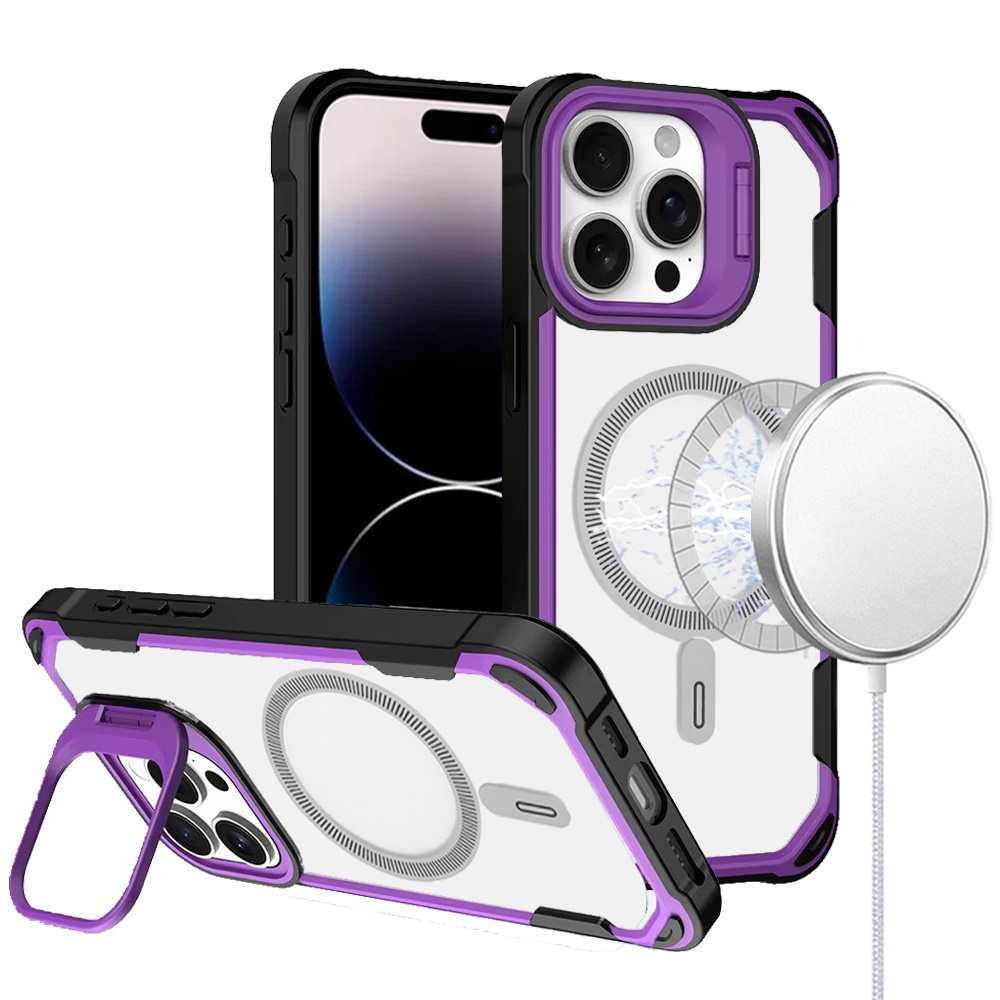 for iphone 14 pro max 6.7" fun magnetic circle premium hybrid with camera stand purple