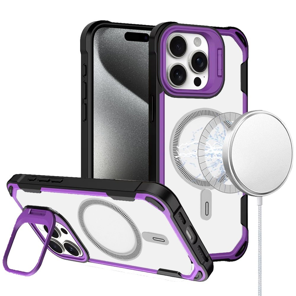 for ip15 pro max fun magnetic circle premium hybrid with camera stand purple