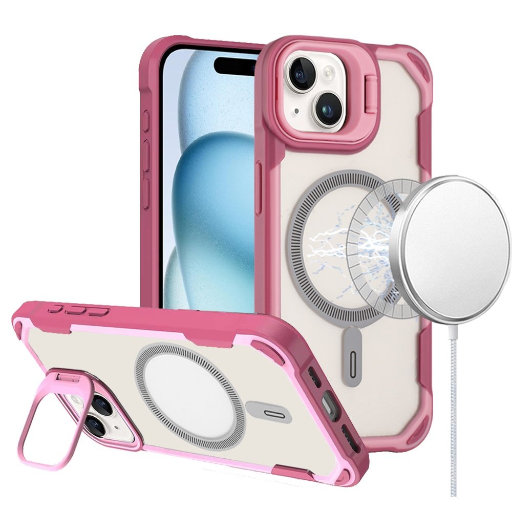 for iphone 15 fun magnetic circle premium hybrid with camera stand pink