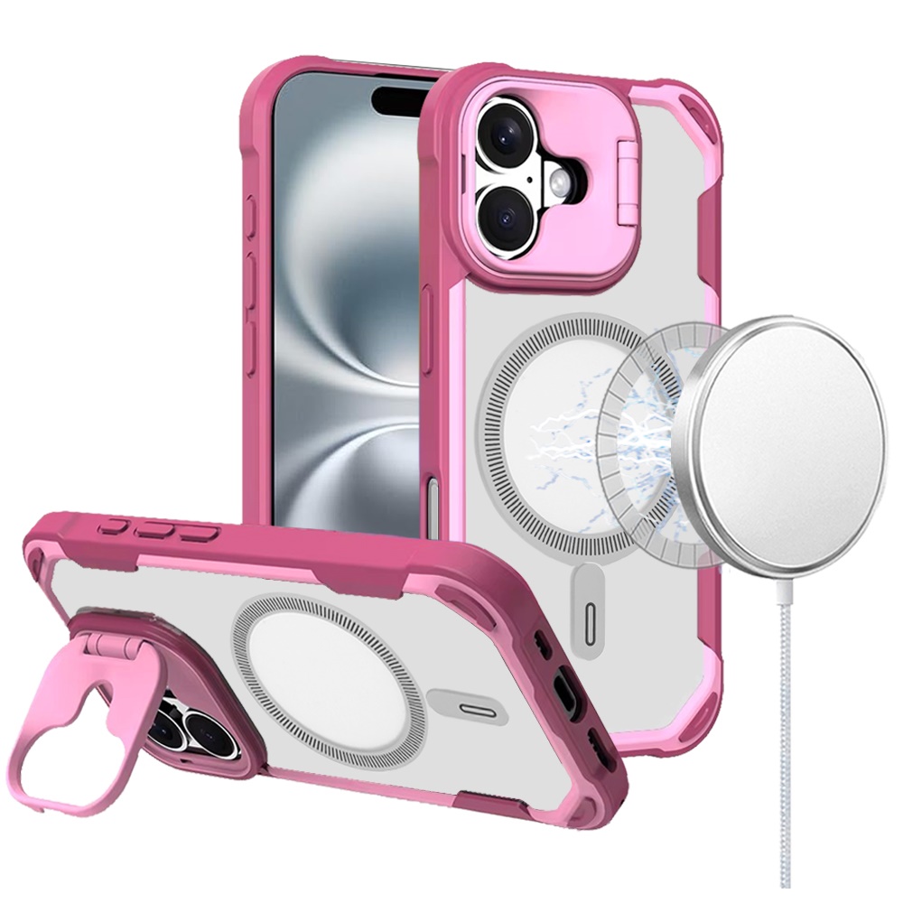 for iphone 16 6.1 inch fun magnetic circle premium hybrid with camera stand pink