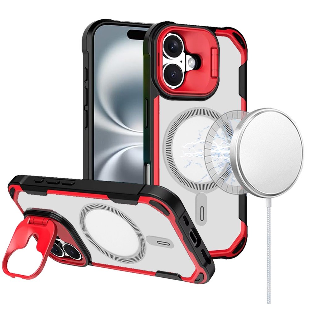 for iphone 16 6.1 inch fun magnetic circle premium hybrid with camera stand red