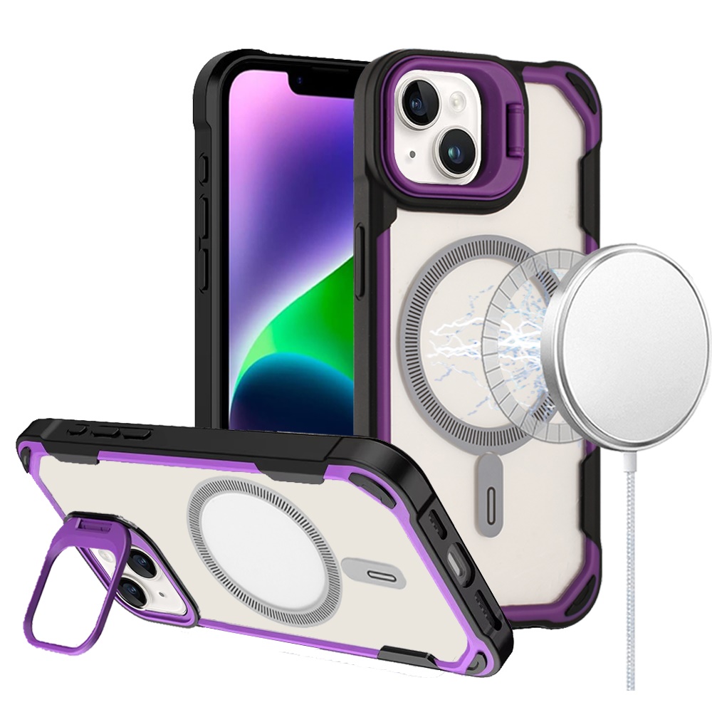 for iphone 13/14 fun magnetic circle premium hybrid with camera stand purple