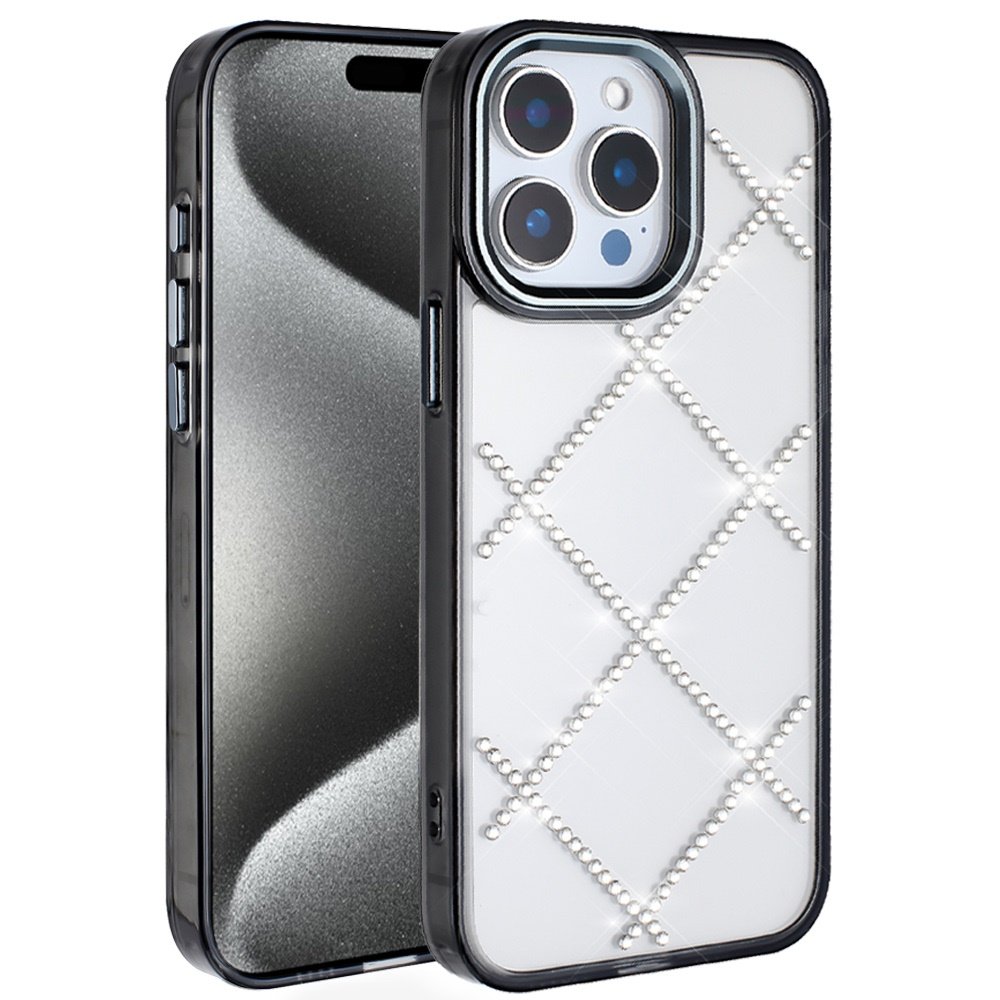 for ip15 pro max gem glitter diamond transparent hard colorful tpu hybrid case black