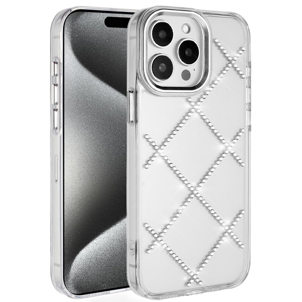 for ip15 pro max gem glitter diamond transparent hard colorful tpu hybrid case silver