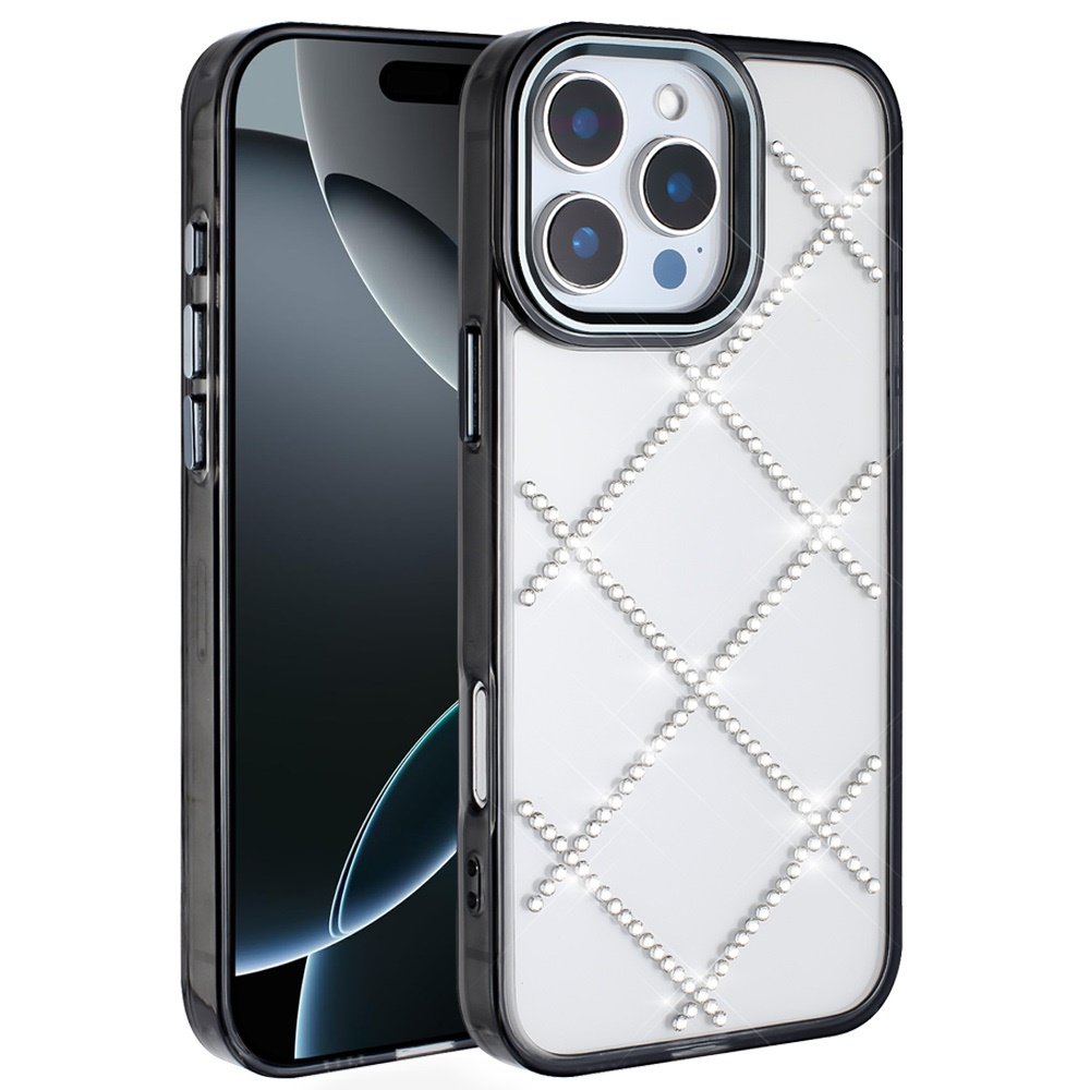 for iphone 16 pro max 6.9 gem glitter diamond transparent hard colorful tpu hybrid case black