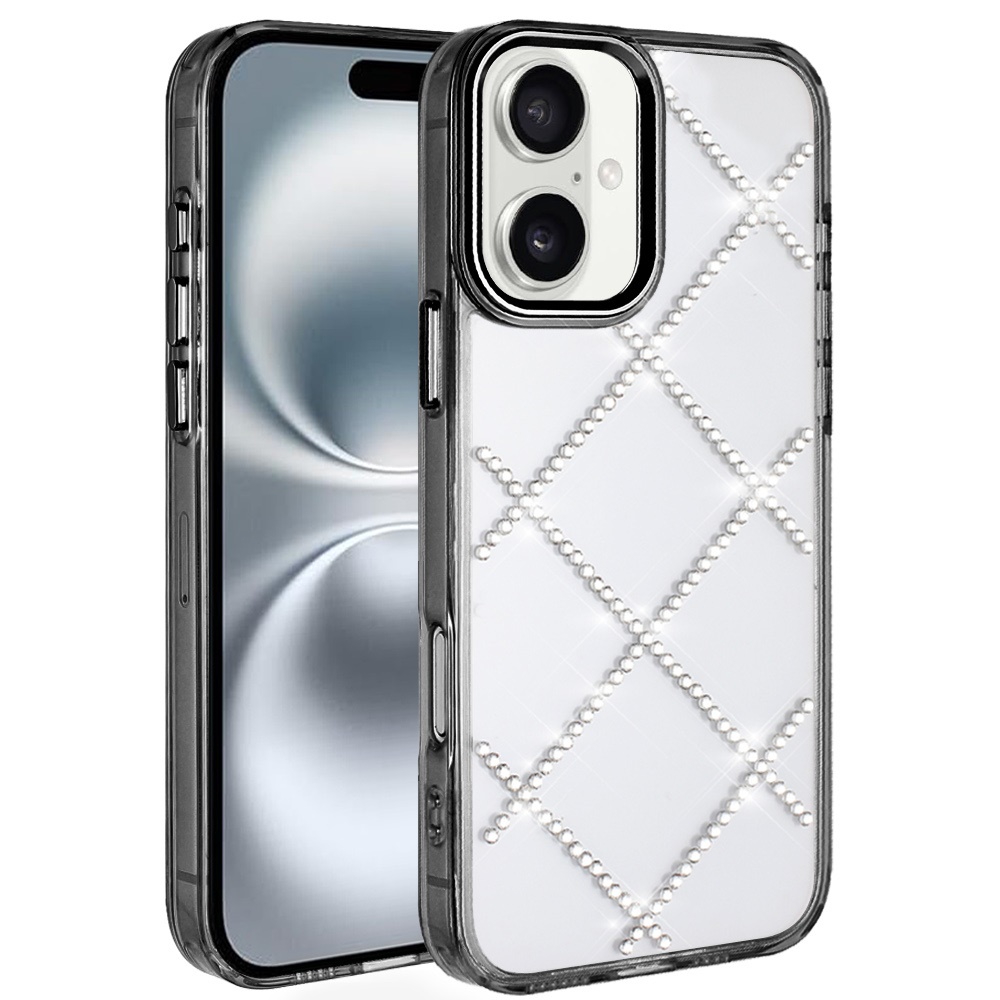 for iphone 16 6.1 inch gem glitter diamond transparent hard colorful tpu hybrid case black