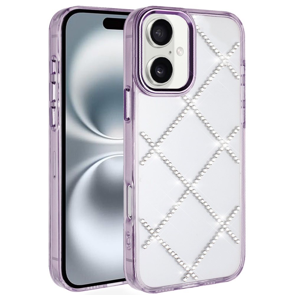 for iphone 16 6.1 inch gem glitter diamond transparent hard colorful tpu hybrid case dark purple