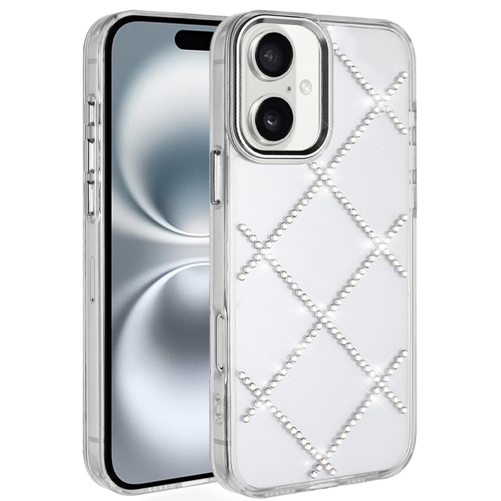for iphone 16 6.1 inch gem glitter diamond transparent hard colorful tpu hybrid case silver