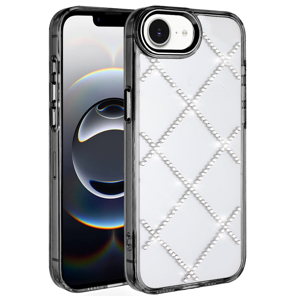 for iphone 17e / 16e / se4 gem glitter diamond transparent hard colorful tpu hybrid case black