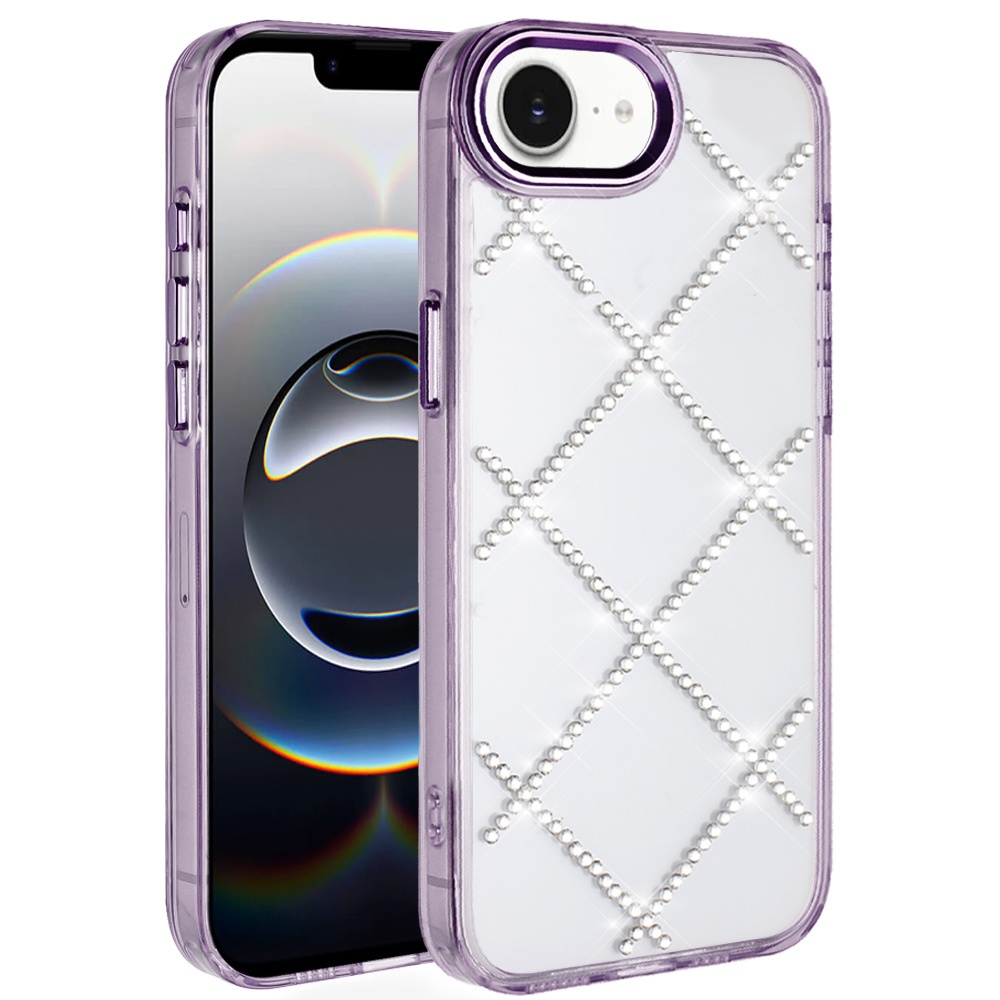for iphone 17e / 16e / se4 gem glitter diamond transparent hard colorful tpu hybrid case dark purple