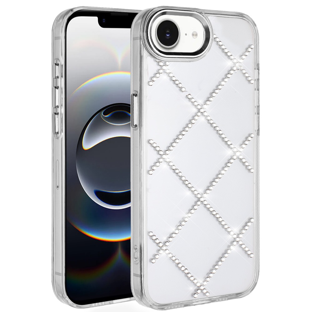 for iphone 17e / 16e / se4 gem glitter diamond transparent hard colorful tpu hybrid case silver