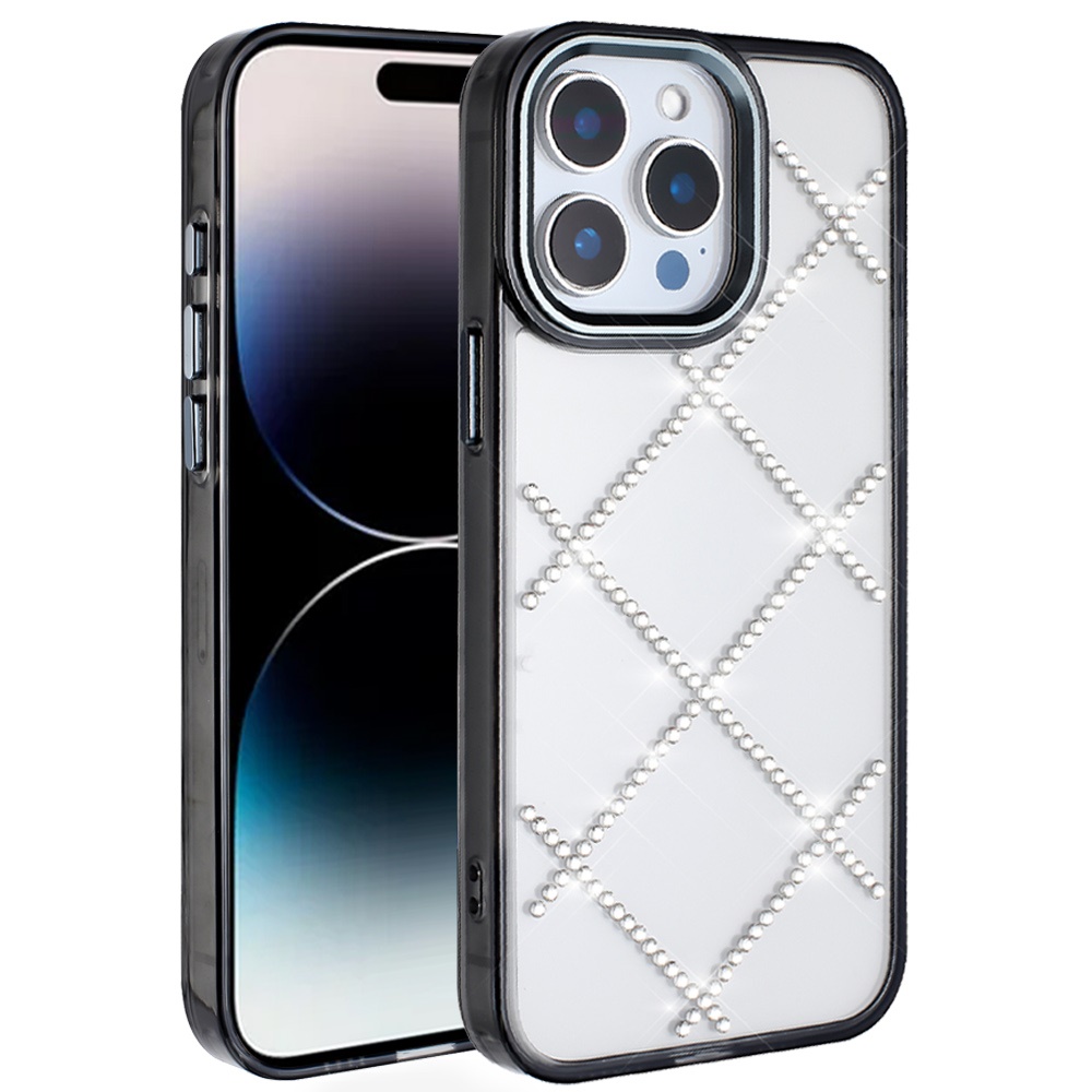 for iphone 13 pro max gem glitter diamond transparent hard colorful tpu hybrid case black