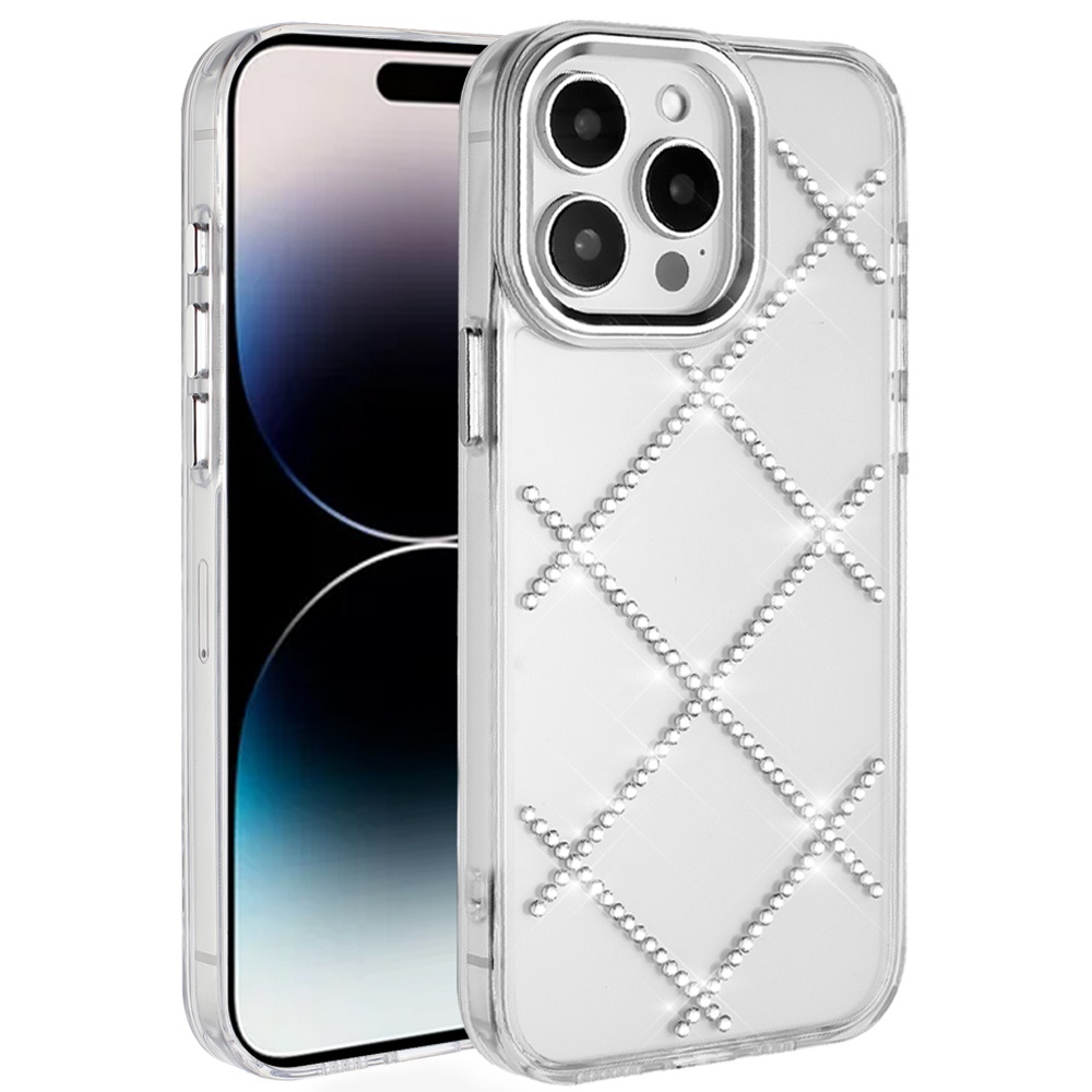 for iphone 13 pro max gem glitter diamond transparent hard colorful tpu hybrid case silver