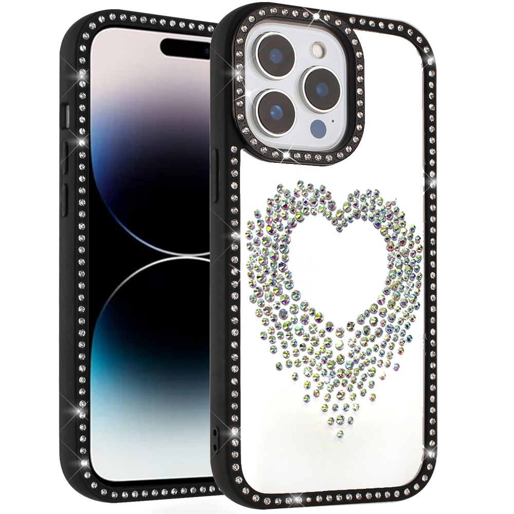 for iphone 14 pro max 6.7" beautiful angel hearts glitter shimmer diamond edged hybrid case black