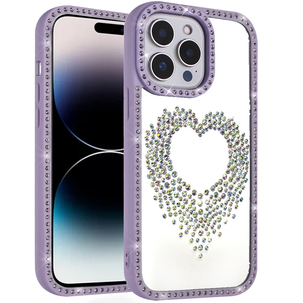 for iphone 14 pro max 6.7" beautiful angel hearts glitter shimmer diamond edged hybrid case purple