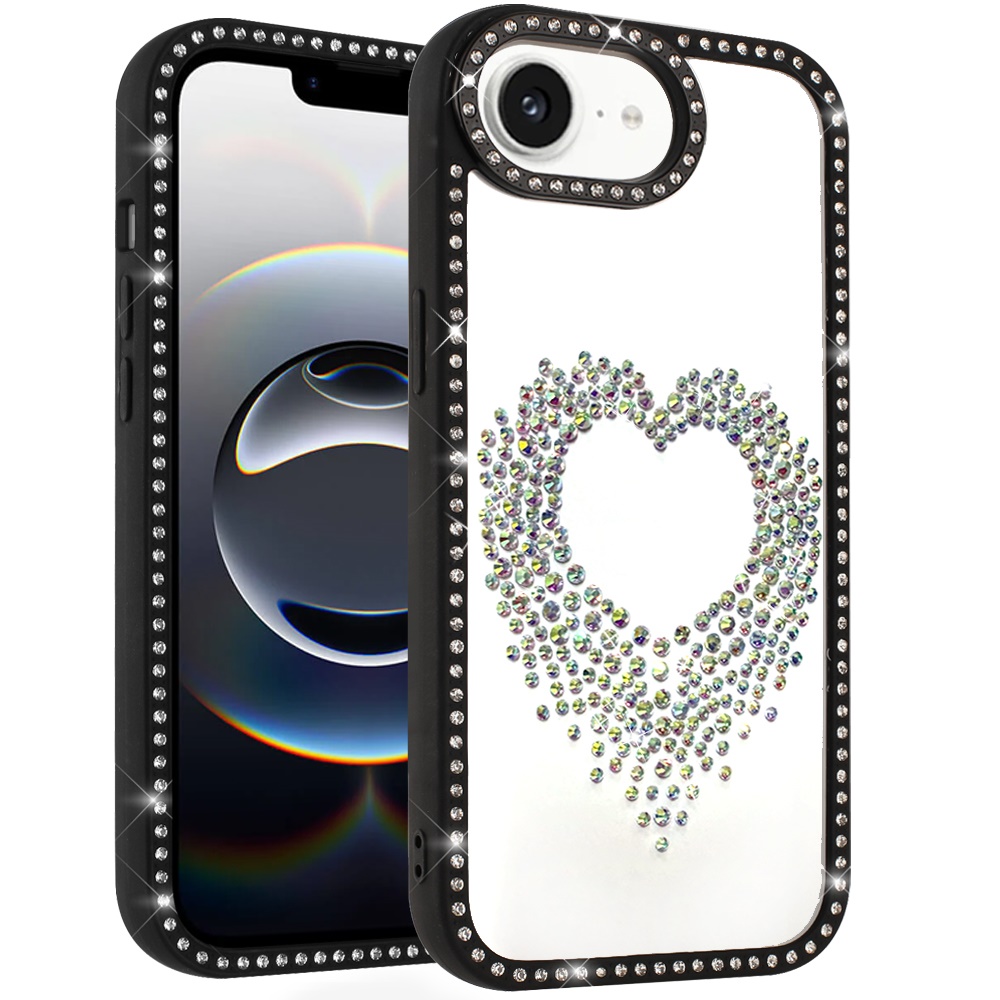 for iphone 17e / 16e / se4 beautiful angel hearts glitter shimmer diamond edged hybrid case black