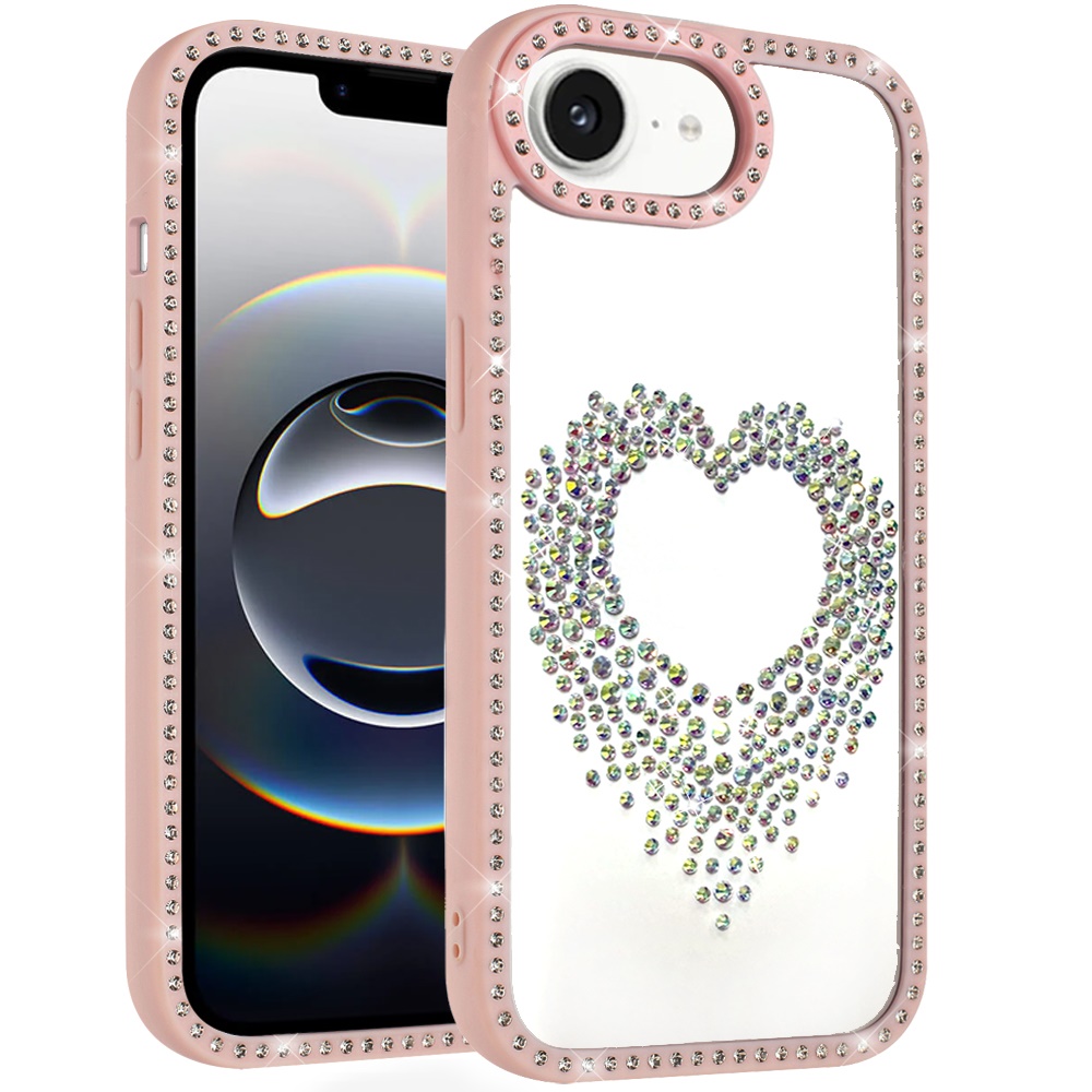 for iphone 17e / 16e / se4 beautiful angel hearts glitter shimmer diamond edged hybrid case pink