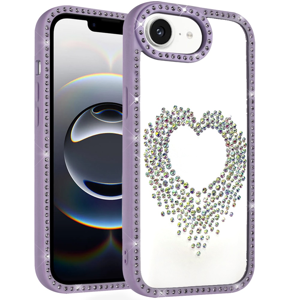 for iphone 17e / 16e / se4 beautiful angel hearts glitter shimmer diamond edged hybrid case purple