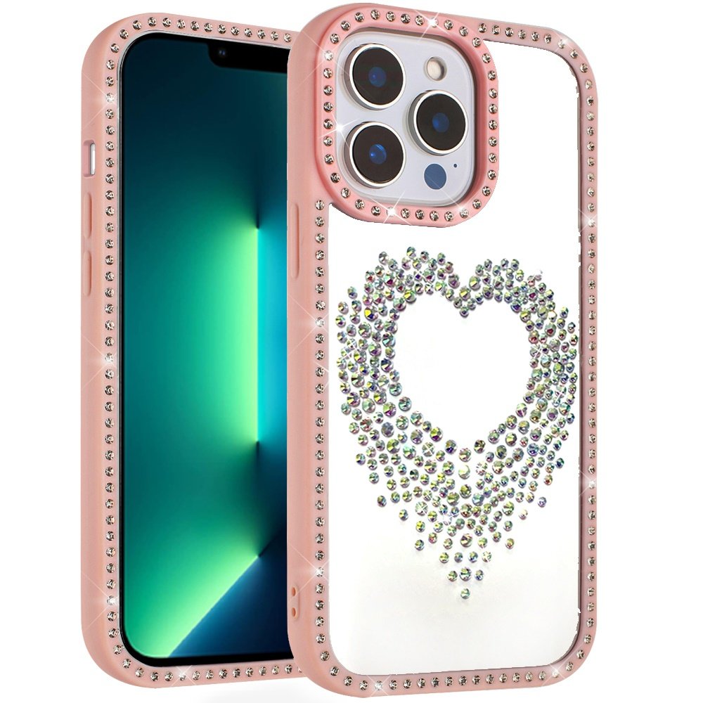 for iphone 13 pro max beautiful angel hearts glitter shimmer diamond edged hybrid case pink