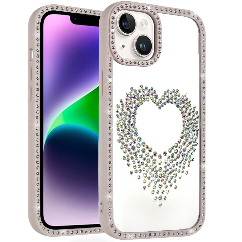 for iphone 13/14 beautiful angel hearts glitter shimmer diamond edged hybrid case beige