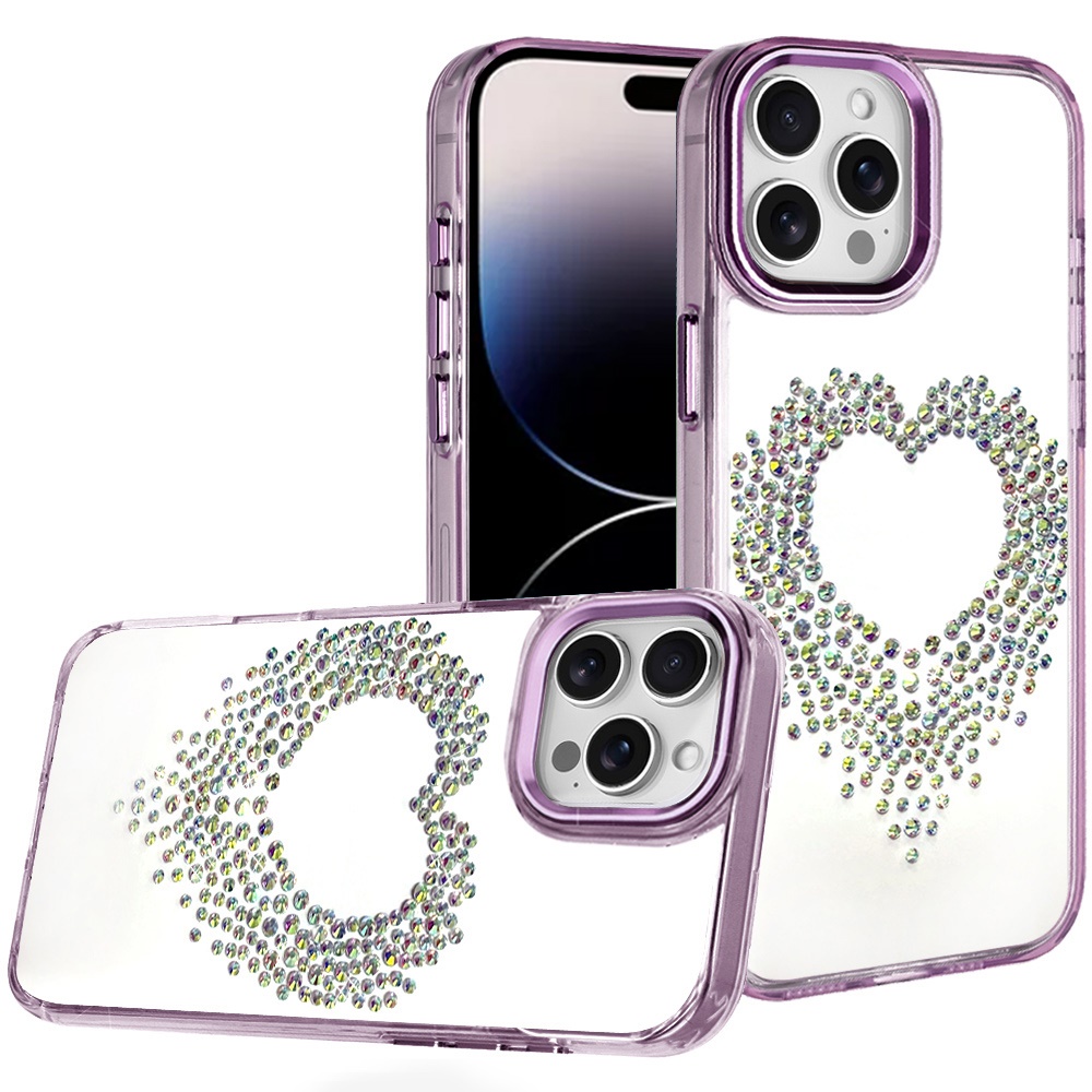 for iphone 14 pro max 6.7" angel hearts bling shimmer colorful glitter chrome edged hybrid case purple