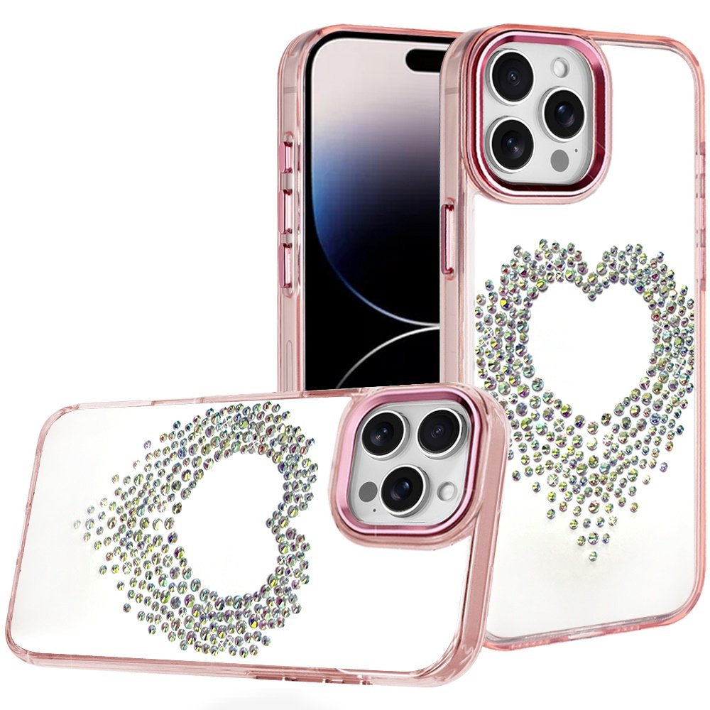 for iphone 14 pro max 6.7" angel hearts bling shimmer colorful glitter chrome edged hybrid case rose gold