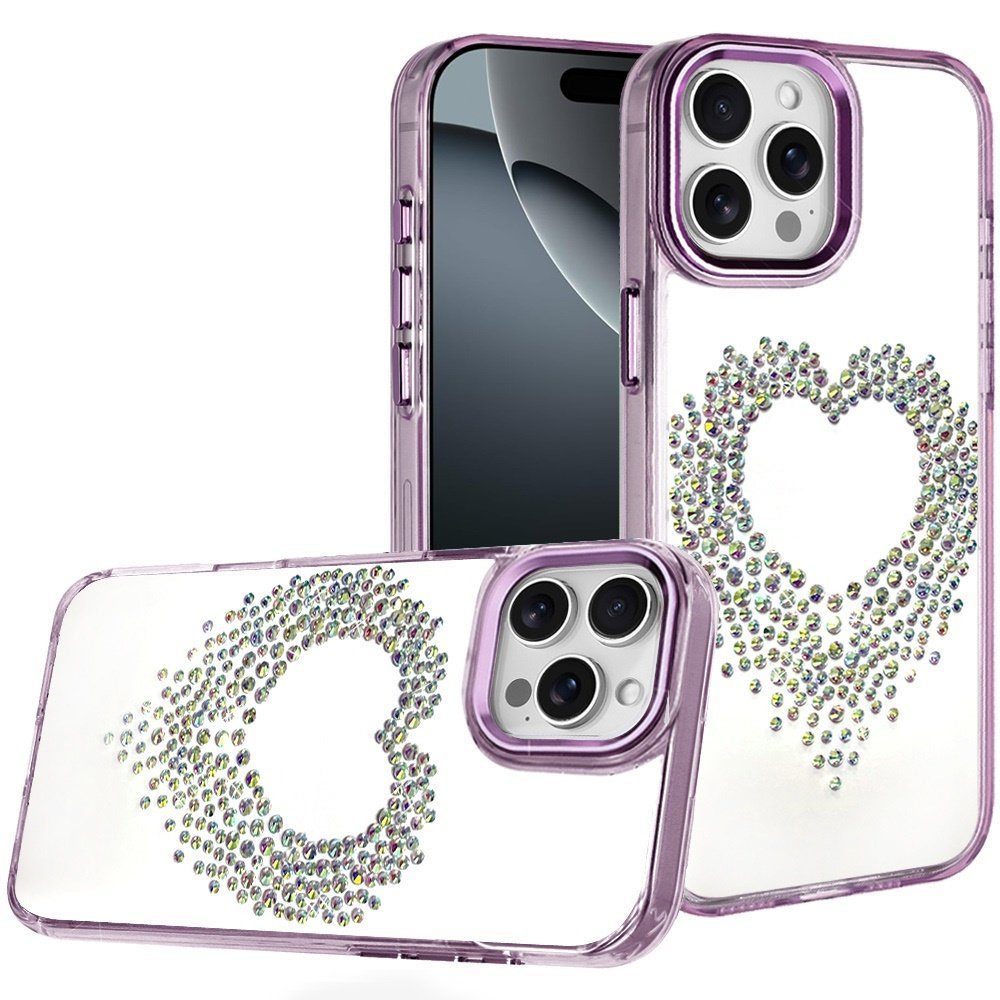 for iphone 16 pro max 6.9 angel hearts bling shimmer colorful glitter chrome edged hybrid case purple
