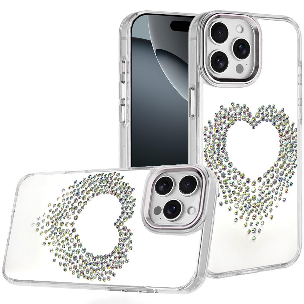 for iphone 16 pro max 6.9 angel hearts bling shimmer colorful glitter chrome edged hybrid case silver