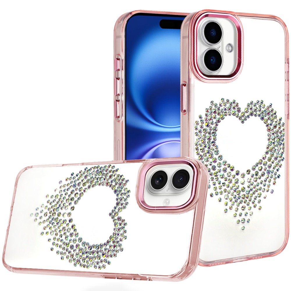 for iphone 17 angel hearts bling shimmer colorful glitter chrome edged hybrid case rose gold