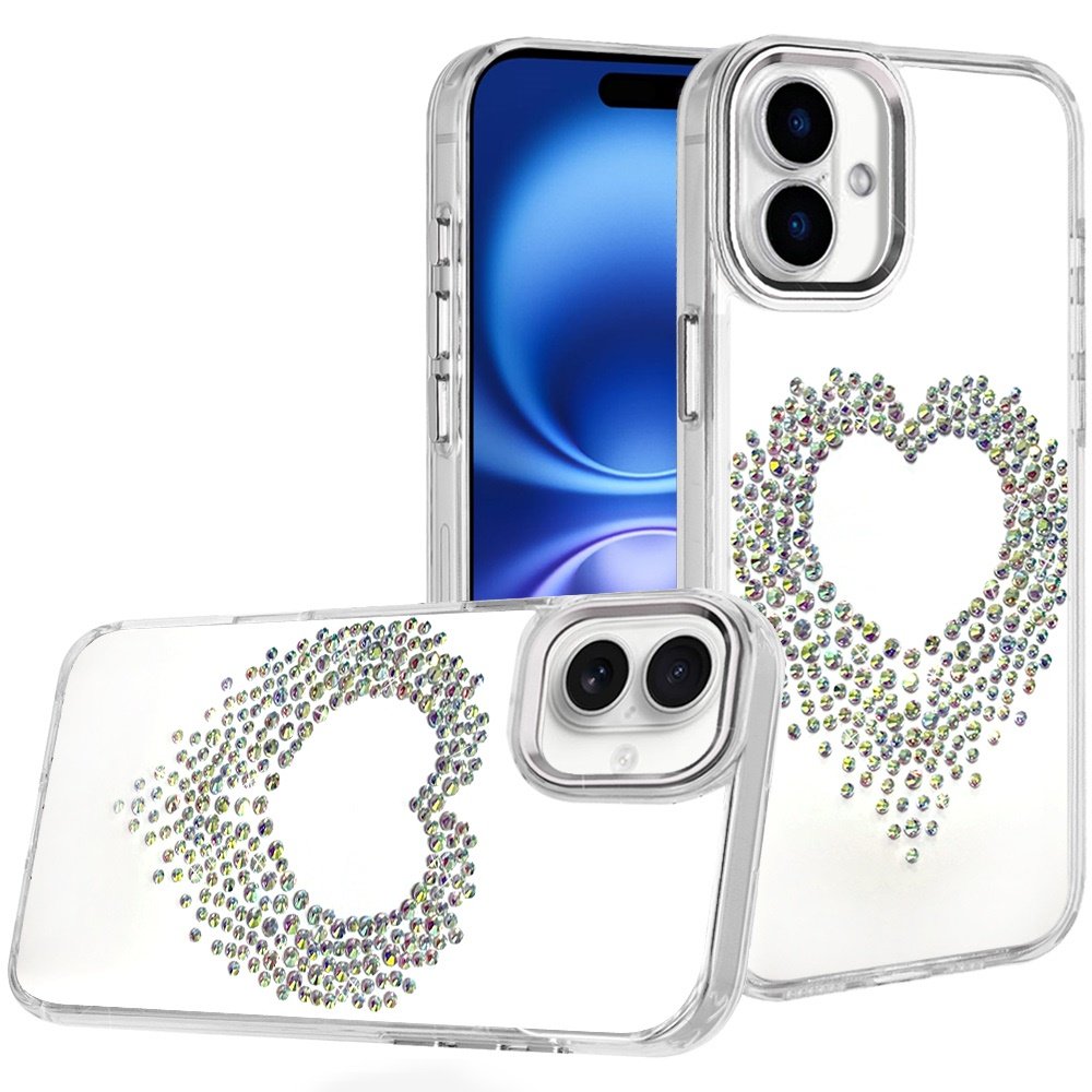 for iphone 17 angel hearts bling shimmer colorful glitter chrome edged hybrid case silver
