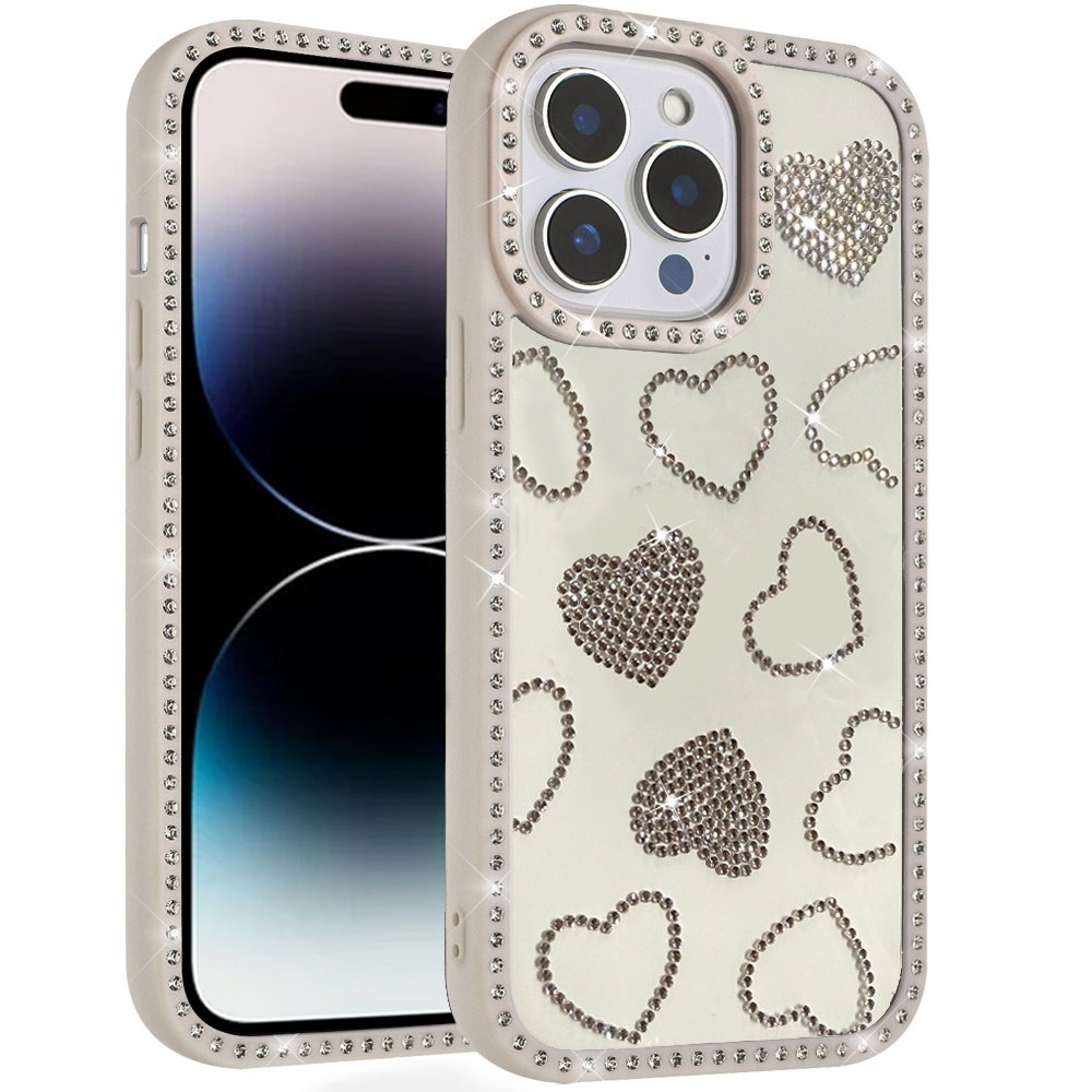 for iphone 14 pro max 6.7" spread love glitter shimmer diamond edged hybrid case beige