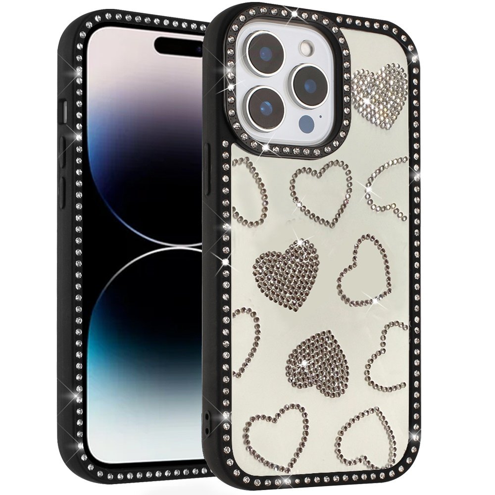 for iphone 14 pro max 6.7" spread love glitter shimmer diamond edged hybrid case black