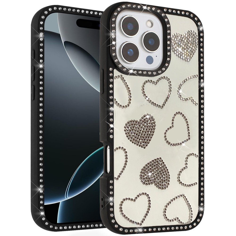 for iphone 16 pro max 6.9 spread love glitter shimmer diamond edged hybrid case black