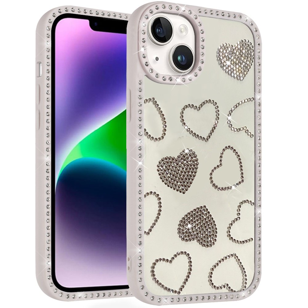 for iphone 13/14 spread love glitter shimmer diamond edged hybrid case beige