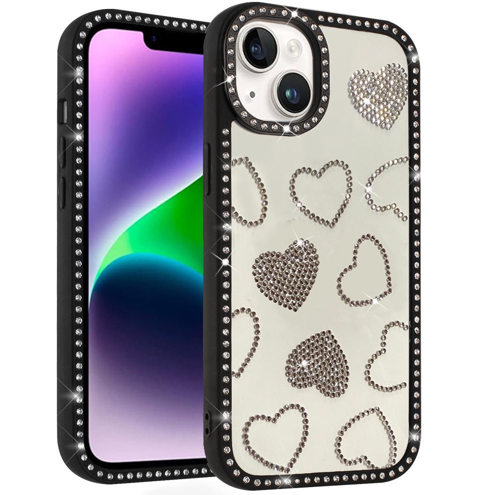 for iphone 13/14 spread love glitter shimmer diamond edged hybrid case black