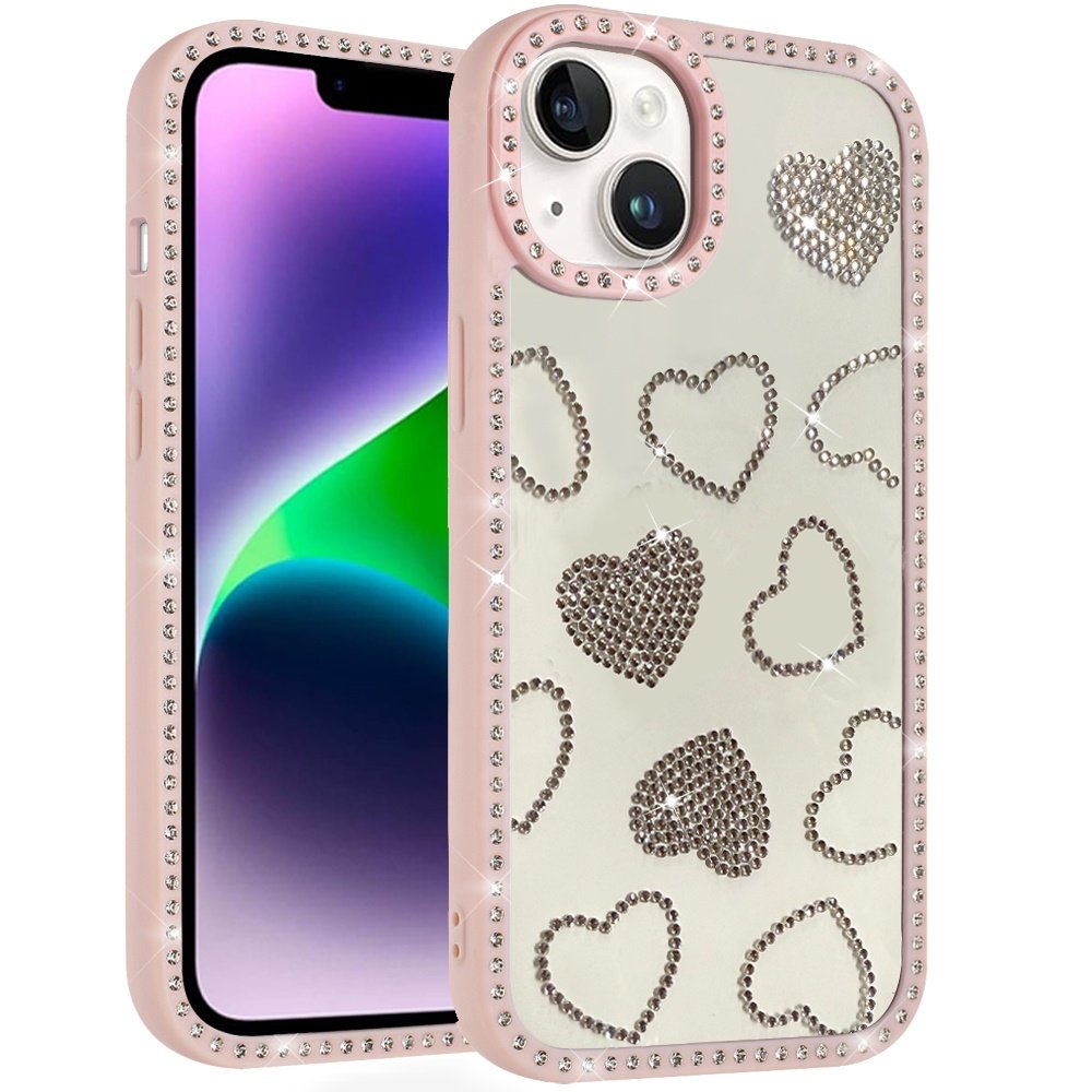 for iphone 13/14 spread love glitter shimmer diamond edged hybrid case pink