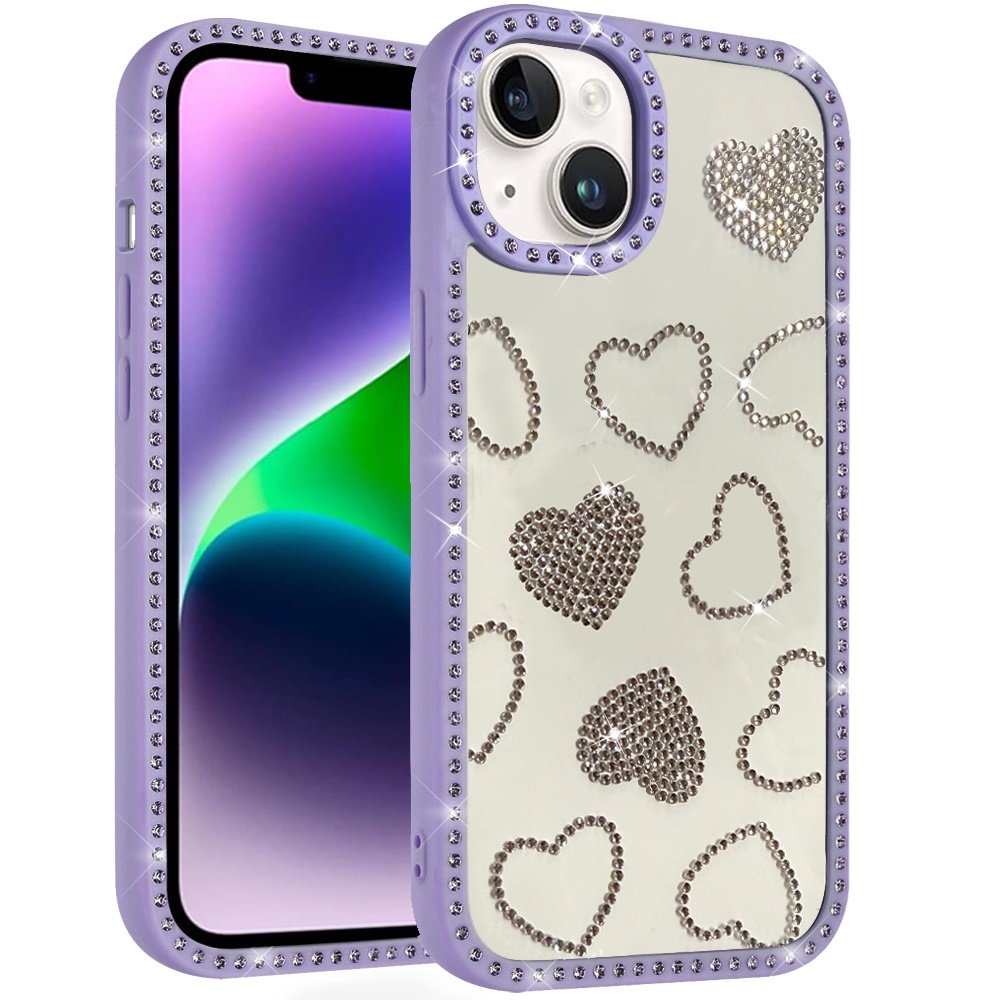 for iphone 13/14 spread love glitter shimmer diamond edged hybrid case purple
