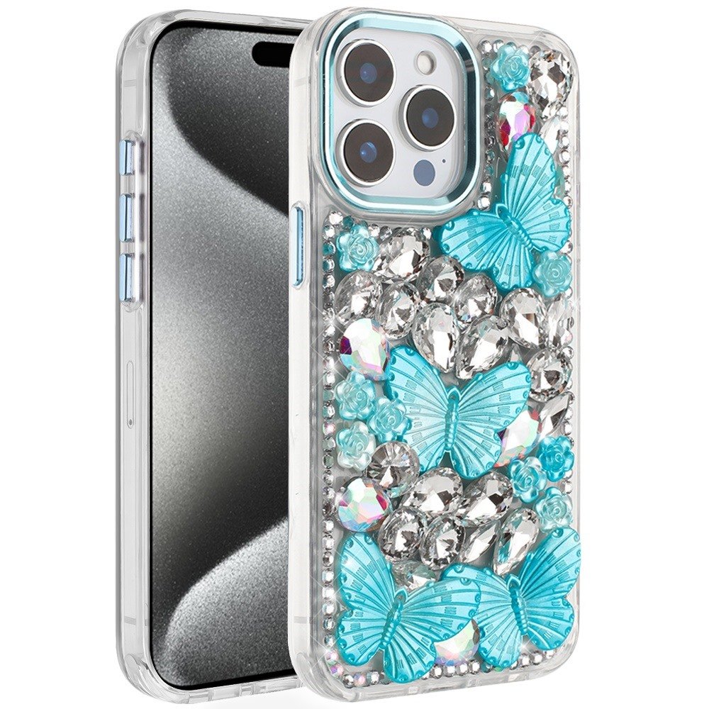 for ip15 pro max lavished floral butterfly bling stones hybrid case blue